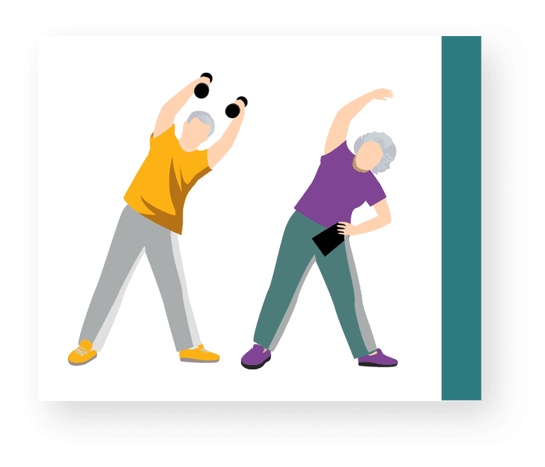 Two people exercising, one with free weights, other stretching